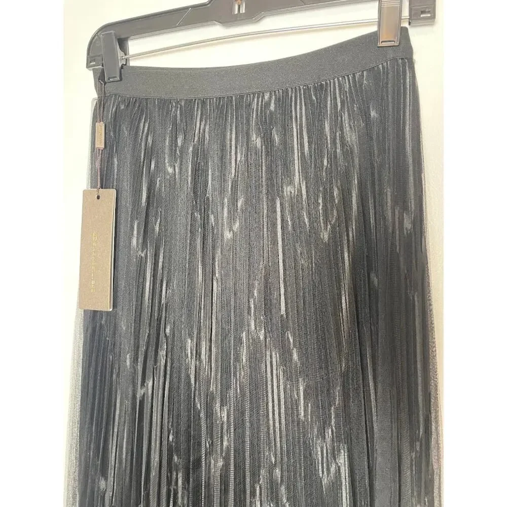 Shengsili‎ Womens Black Pleated Midi Skirt New Chevron Striped Whimsygoth Small